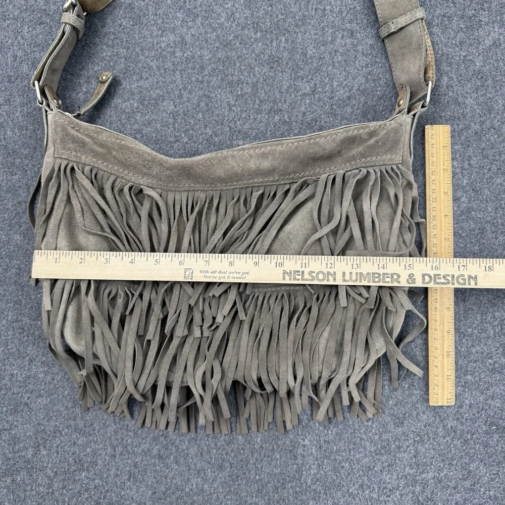 GAP 100% Cow Suede Fringe Hobo Shoulder Bag Boho Western Taupe - Picture 2 of 13